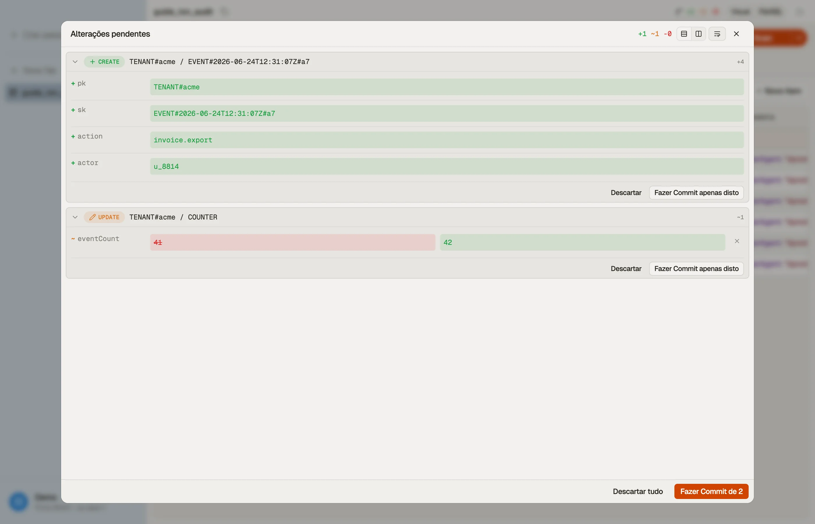 Preparando o novo evento de auditoria e a edição do contador do tenant no DynoTable, e então fazendo commit de ambos como uma transação tudo-ou-nada.