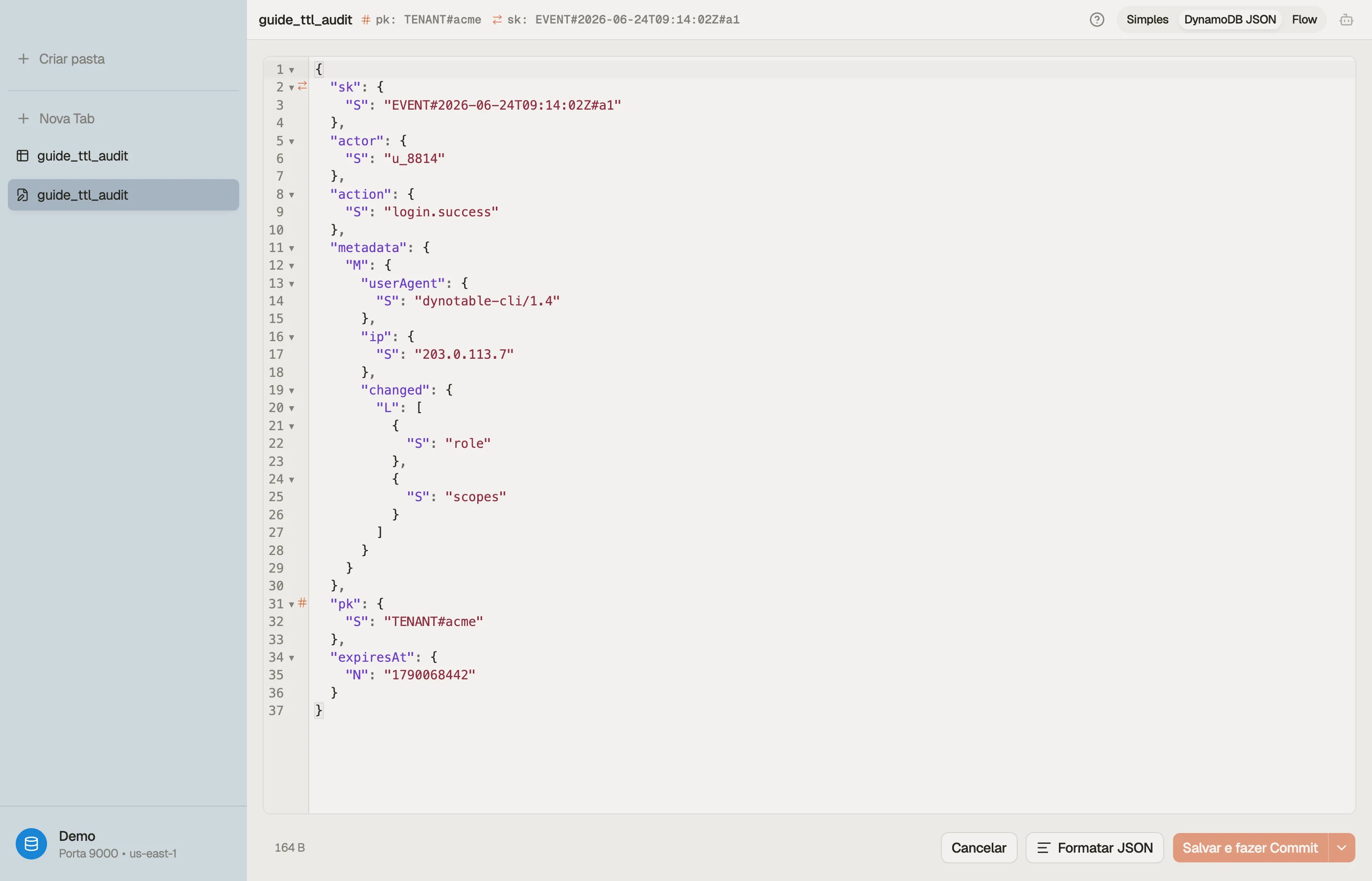 Verificando que o atributo expiresAt em um evento de auditoria no DynoTable é um Number em segundos Unix-epoch, o único valor sobre o qual o TTL age.