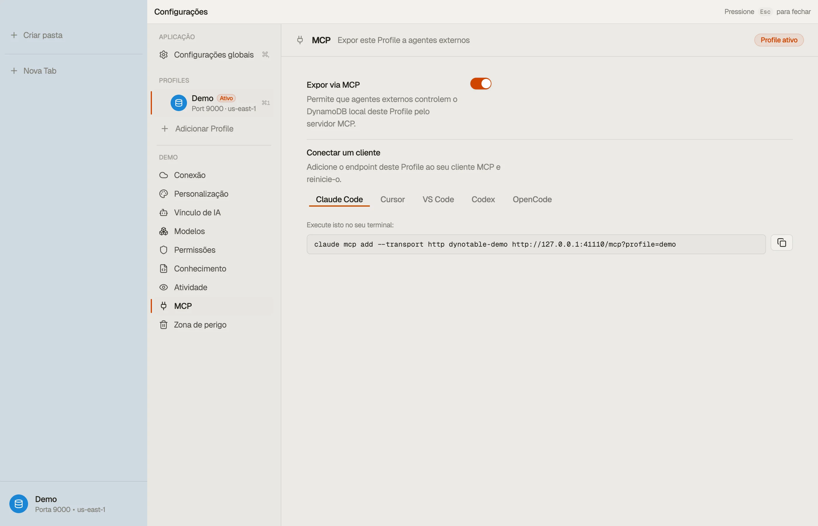 A seção MCP de um perfil com “Expor via MCP” ligado — o bloco de conexão por perfil mostra o endpoint para adicionar ao seu cliente.