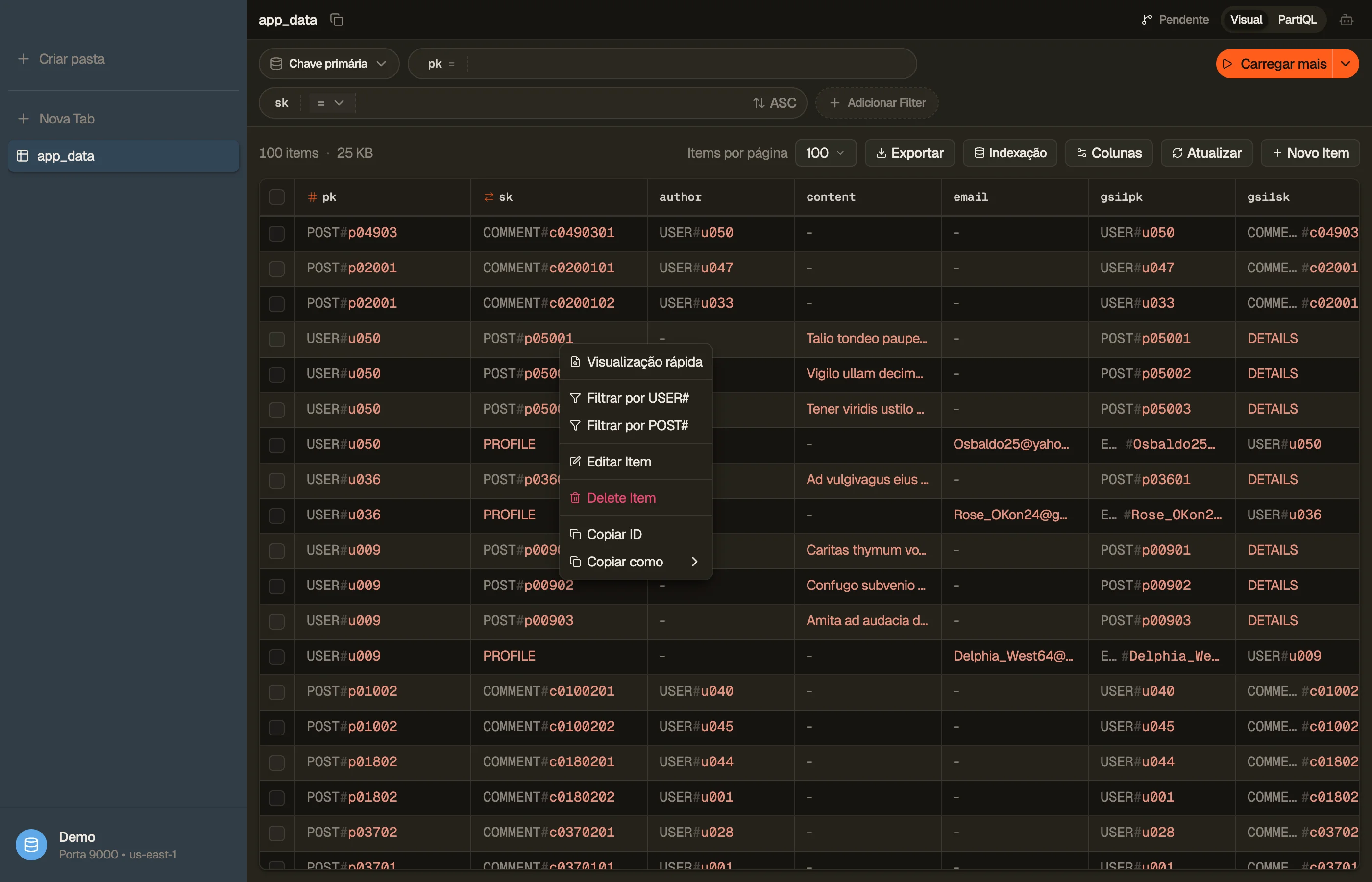 O menu de clique-direito da linha sobre uma tabela sobrecarregada — as facetas Filtrar por USER# e Filtrar por POST# acima das chaves decodificadas em segmentos rotulados.
