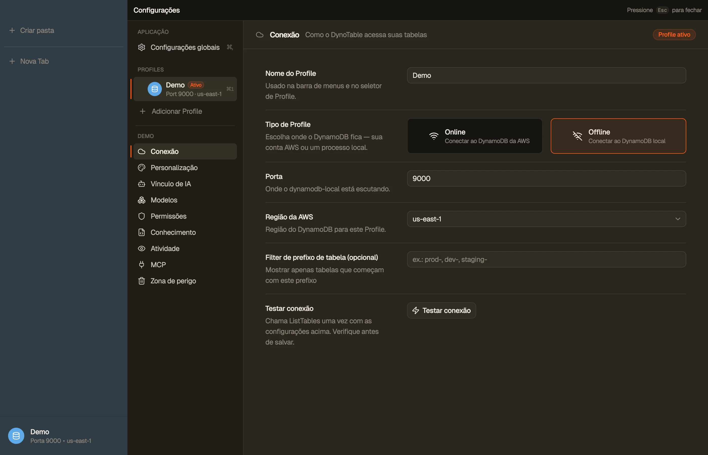 As configurações de um profile — a seção Conexão, com o rail de seções por profile à esquerda.