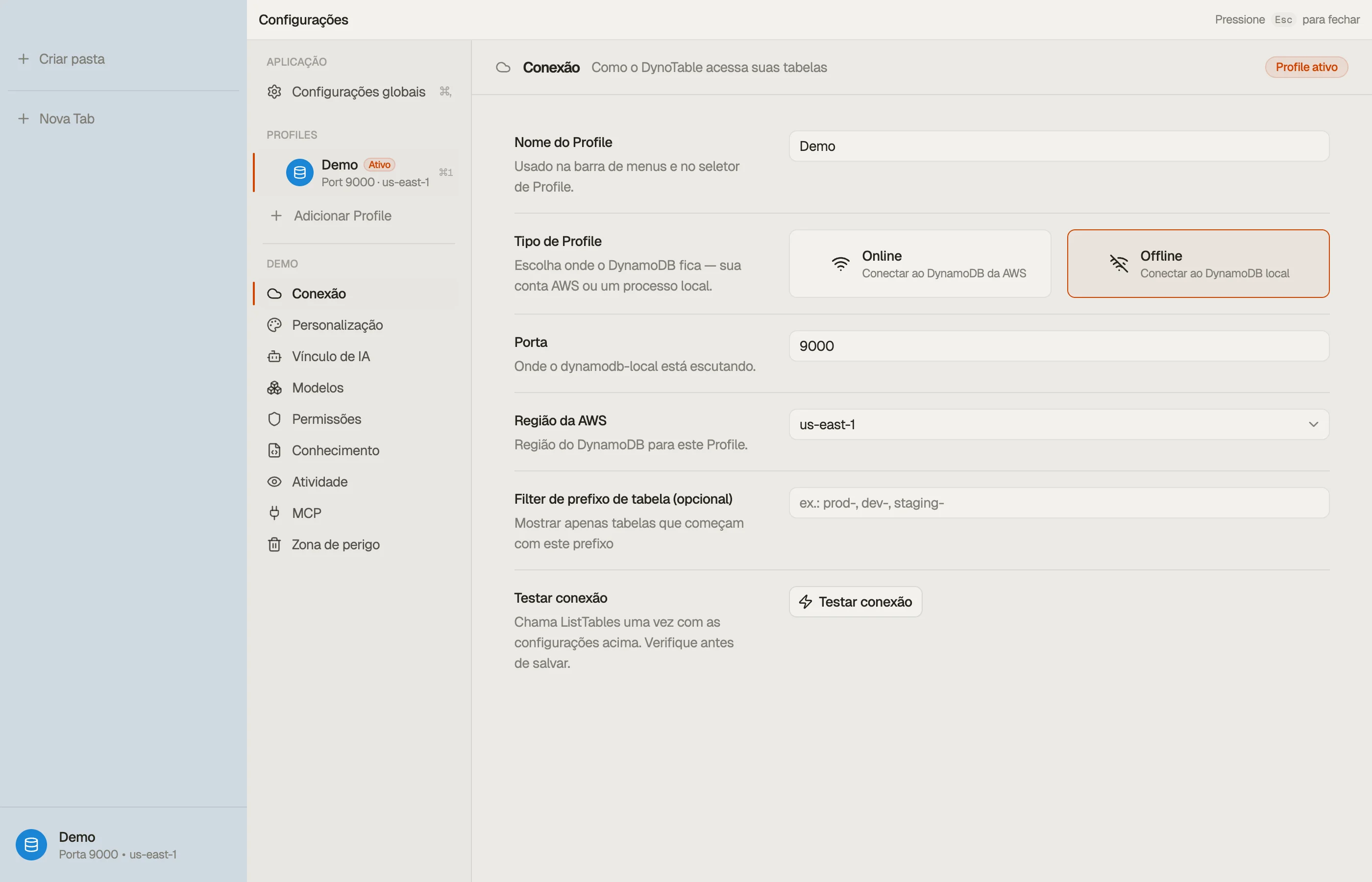 As configurações de um profile — a seção Conexão, com o rail de seções por profile à esquerda.