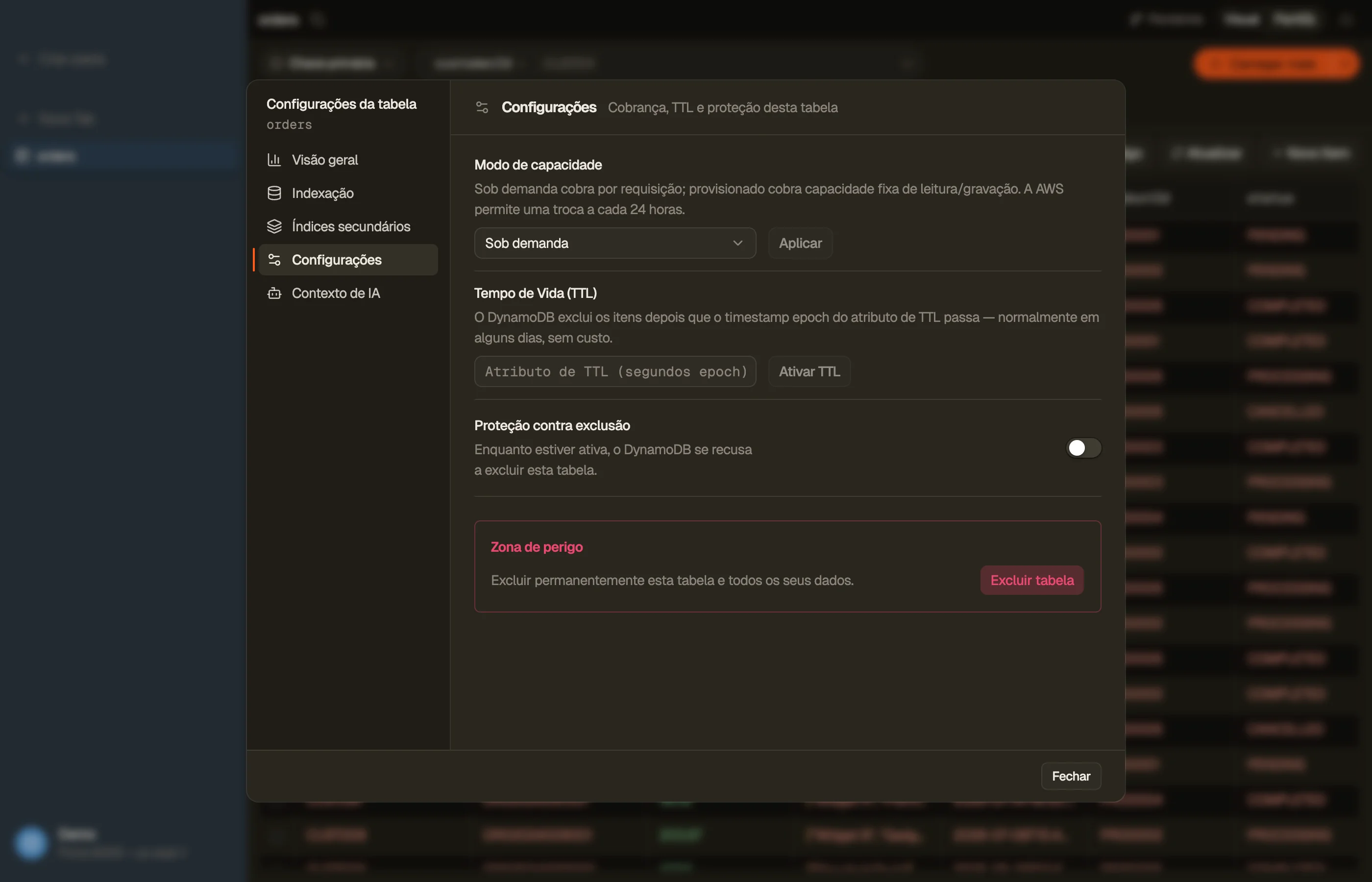 A seção Configurações do diálogo Table do DynoTable: modo de capacidade, Time to Live e proteção contra exclusão.