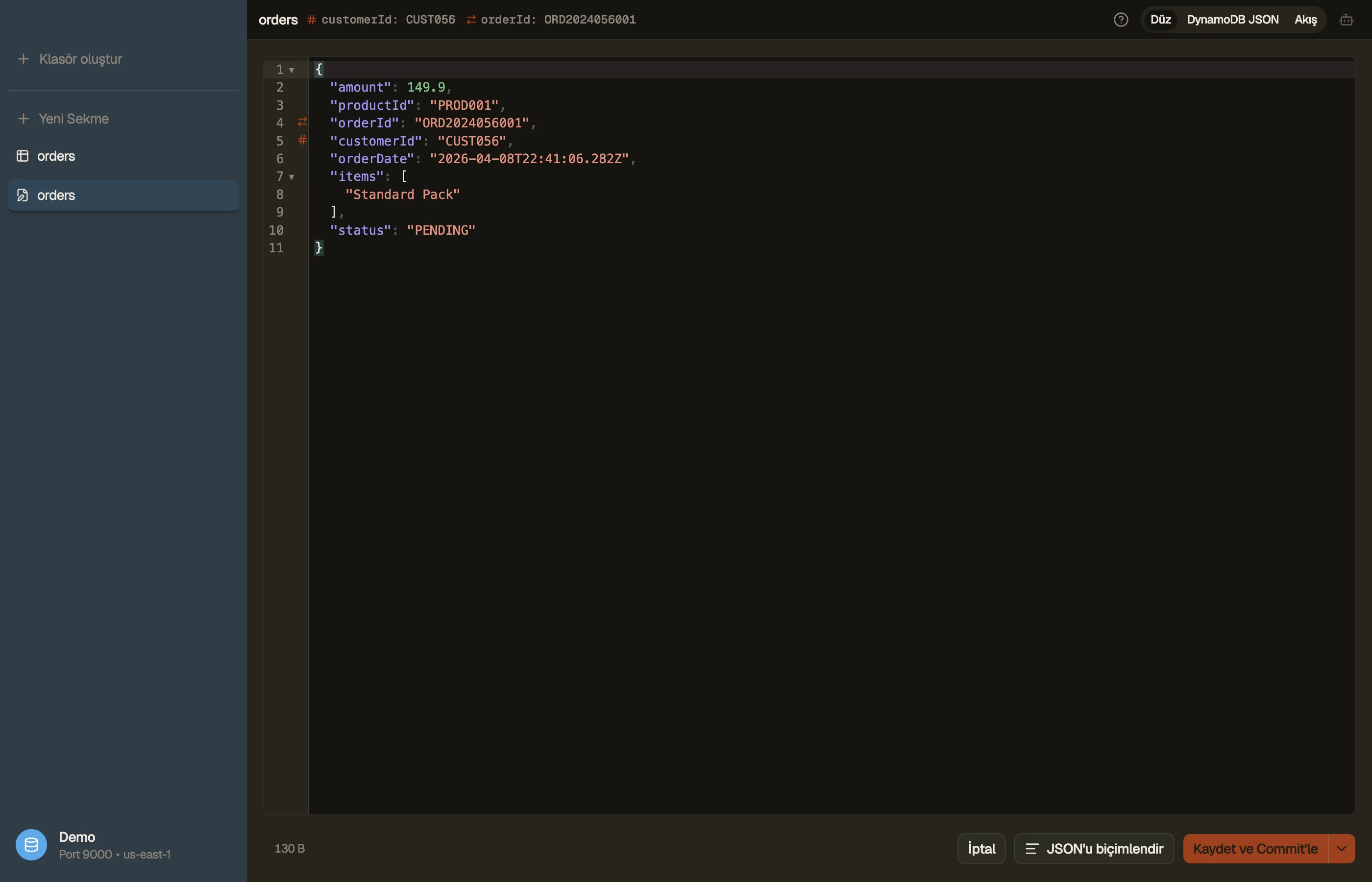 JSON arabelleği, mod değiştirici ve kaydetme denetimleriyle öğe düzenleyici.