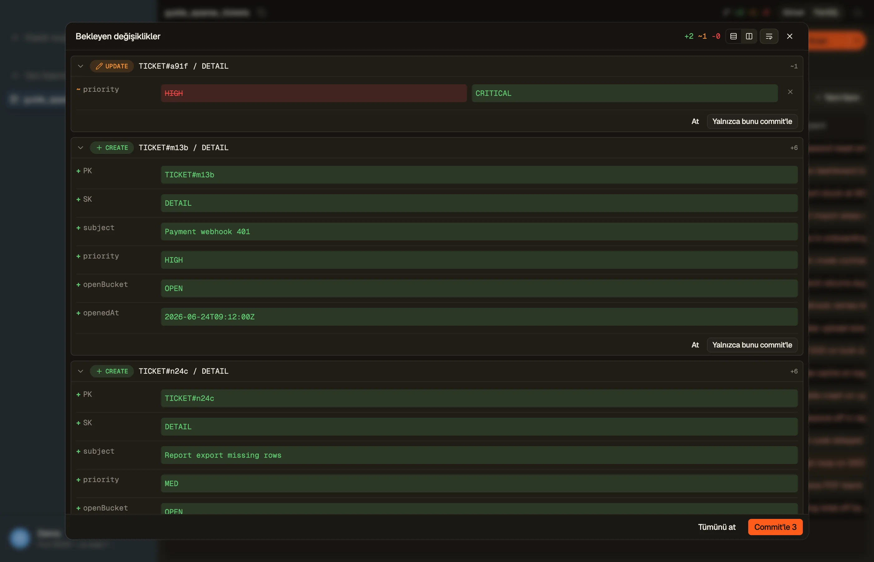 DynoTable'da stage'lenmiş düzenlemeleri bir batch olarak commit etmeden önce gözden geçirme.