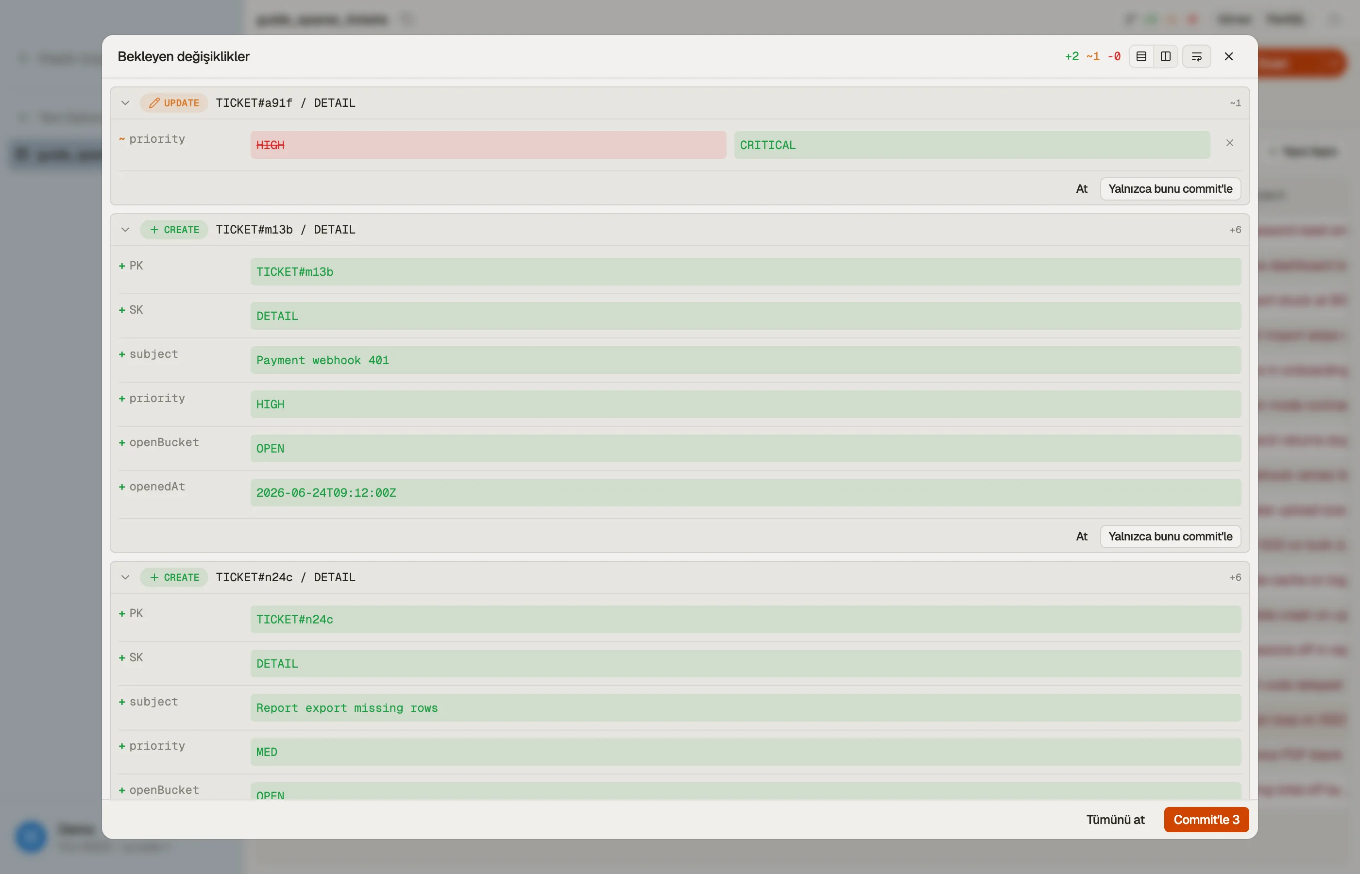DynoTable'da stage'lenmiş düzenlemeleri bir batch olarak commit etmeden önce gözden geçirme.