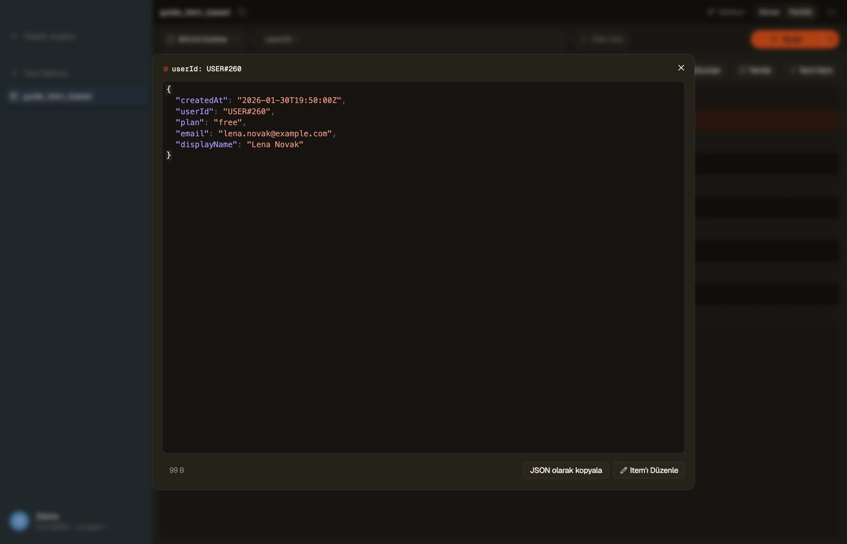 DynoTable'ın Quick View'ında tek bir item'ı okuma; Edit Item ve Copy as JSON eylemleriyle.