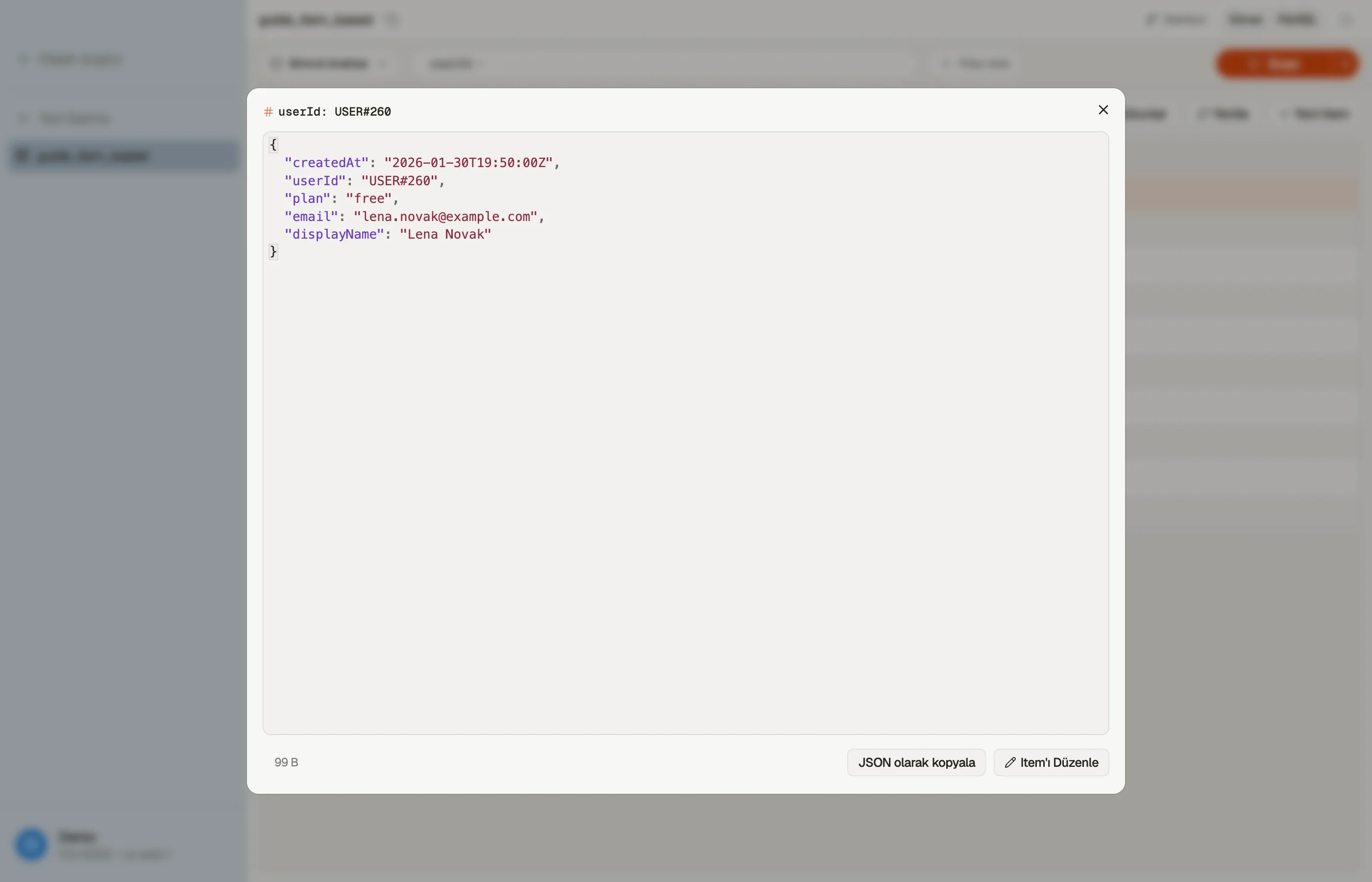 DynoTable'ın Quick View'ında tek bir item'ı okuma; Edit Item ve Copy as JSON eylemleriyle.