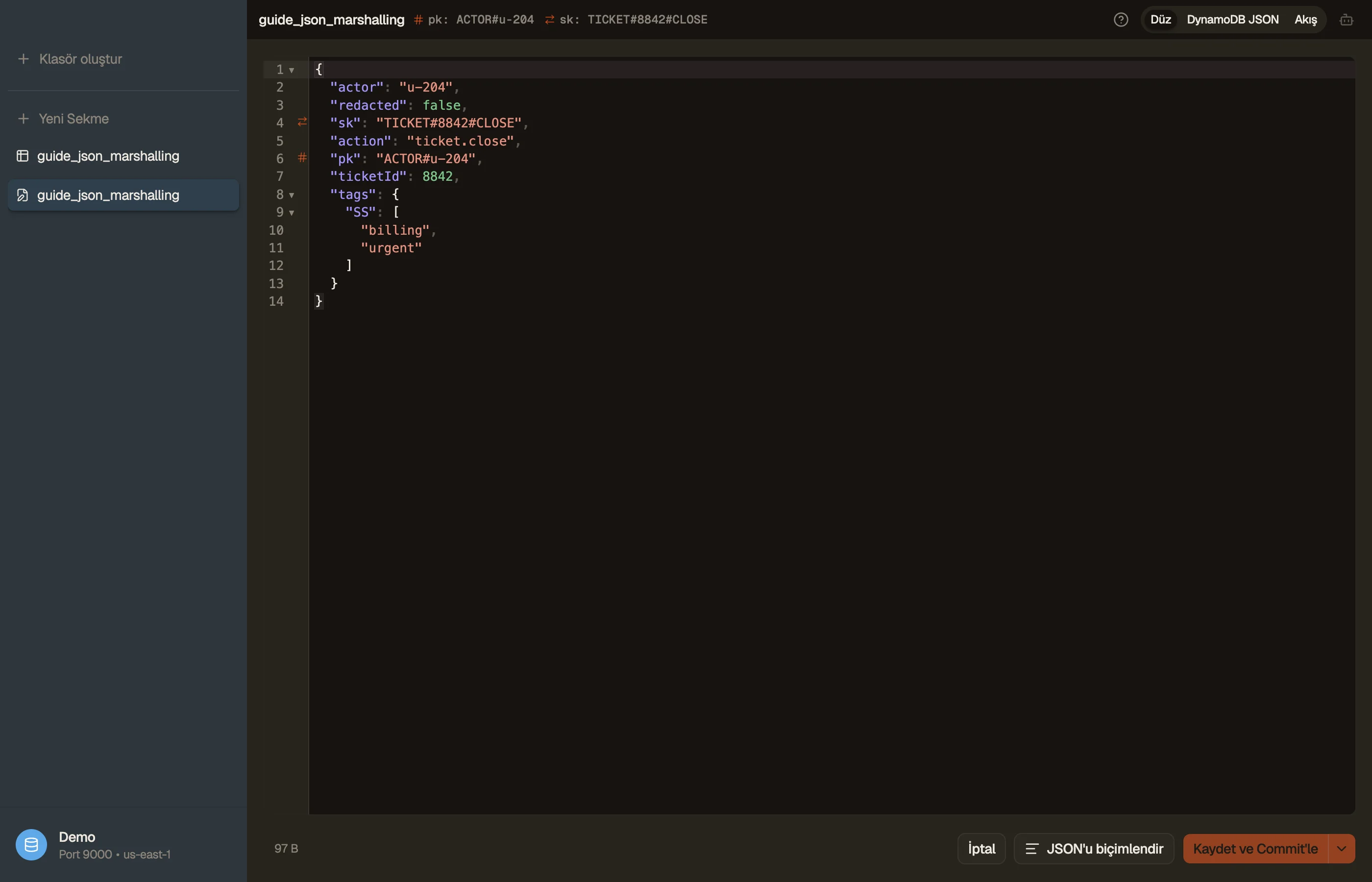 DynoTable bir öğeyi düz değerler olarak gösteriyor, ham DynamoDB JSON da mevcut.