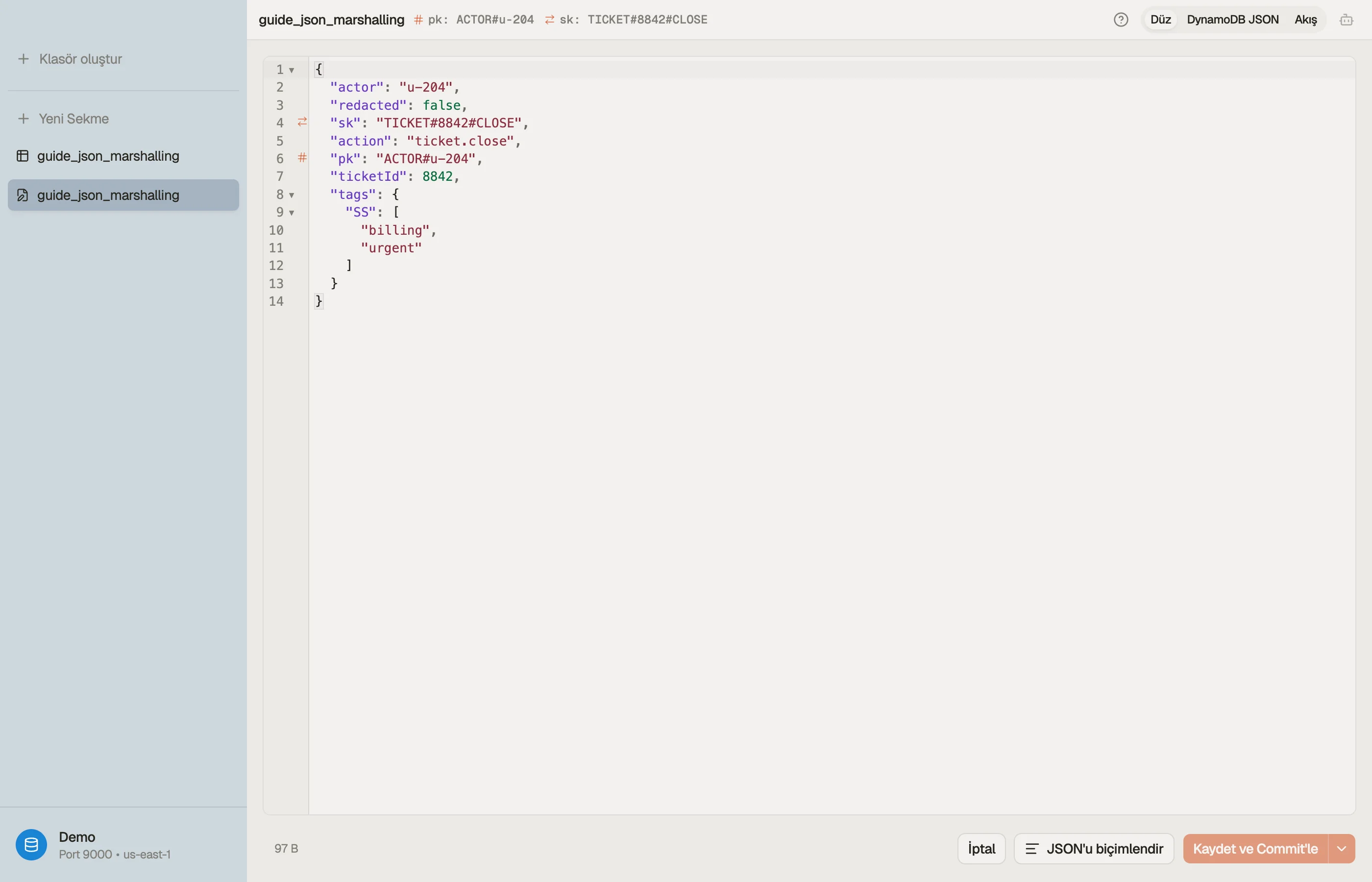 DynoTable bir öğeyi düz değerler olarak gösteriyor, ham DynamoDB JSON da mevcut.