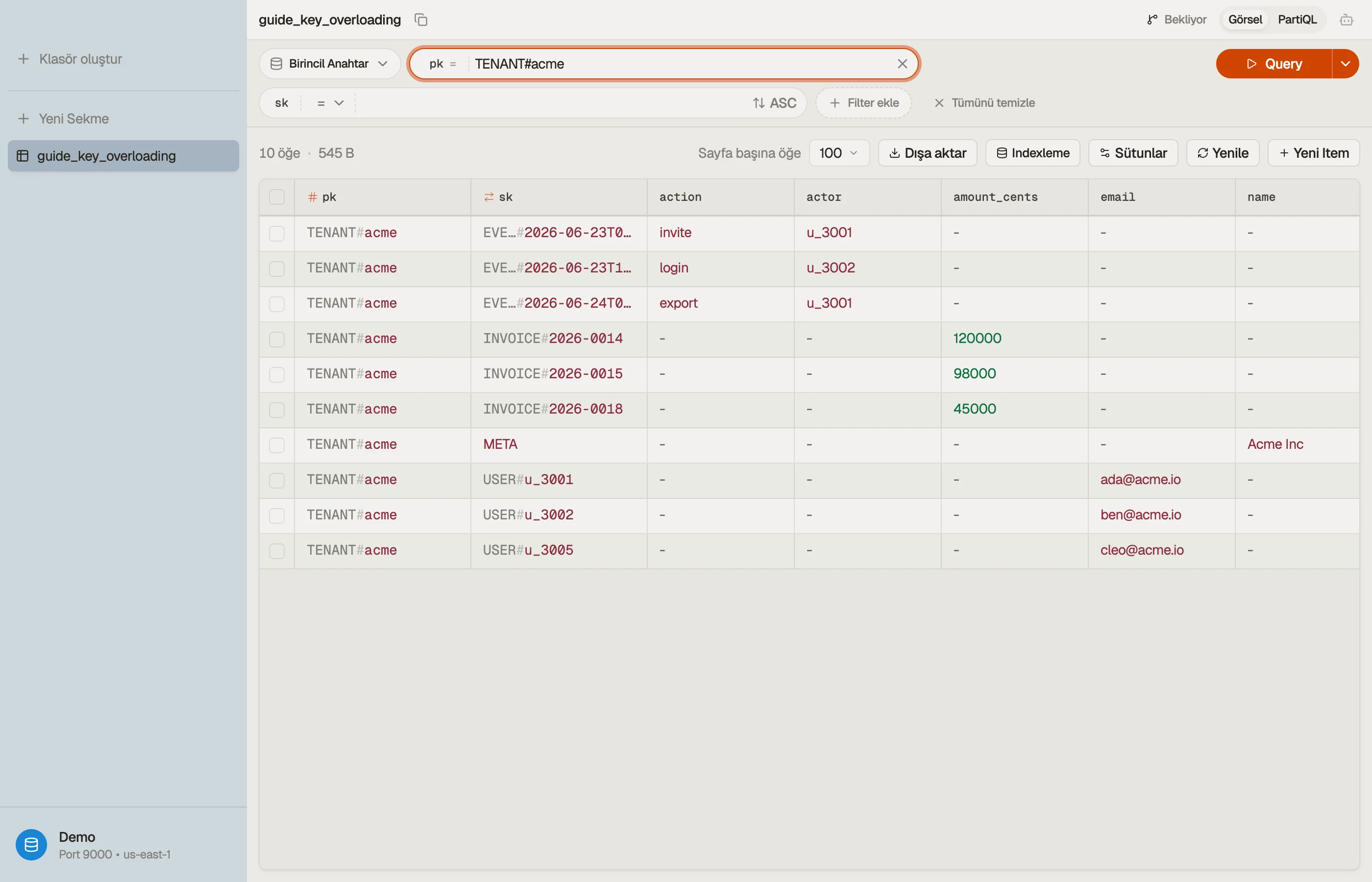 DynoTable bir kiracının öğe koleksiyonuna göz atıyor — tek bir aşırı yüklenmiş bölüm anahtarı altında gruplanmış META, USER, INVOICE ve EVENT öğeleri.