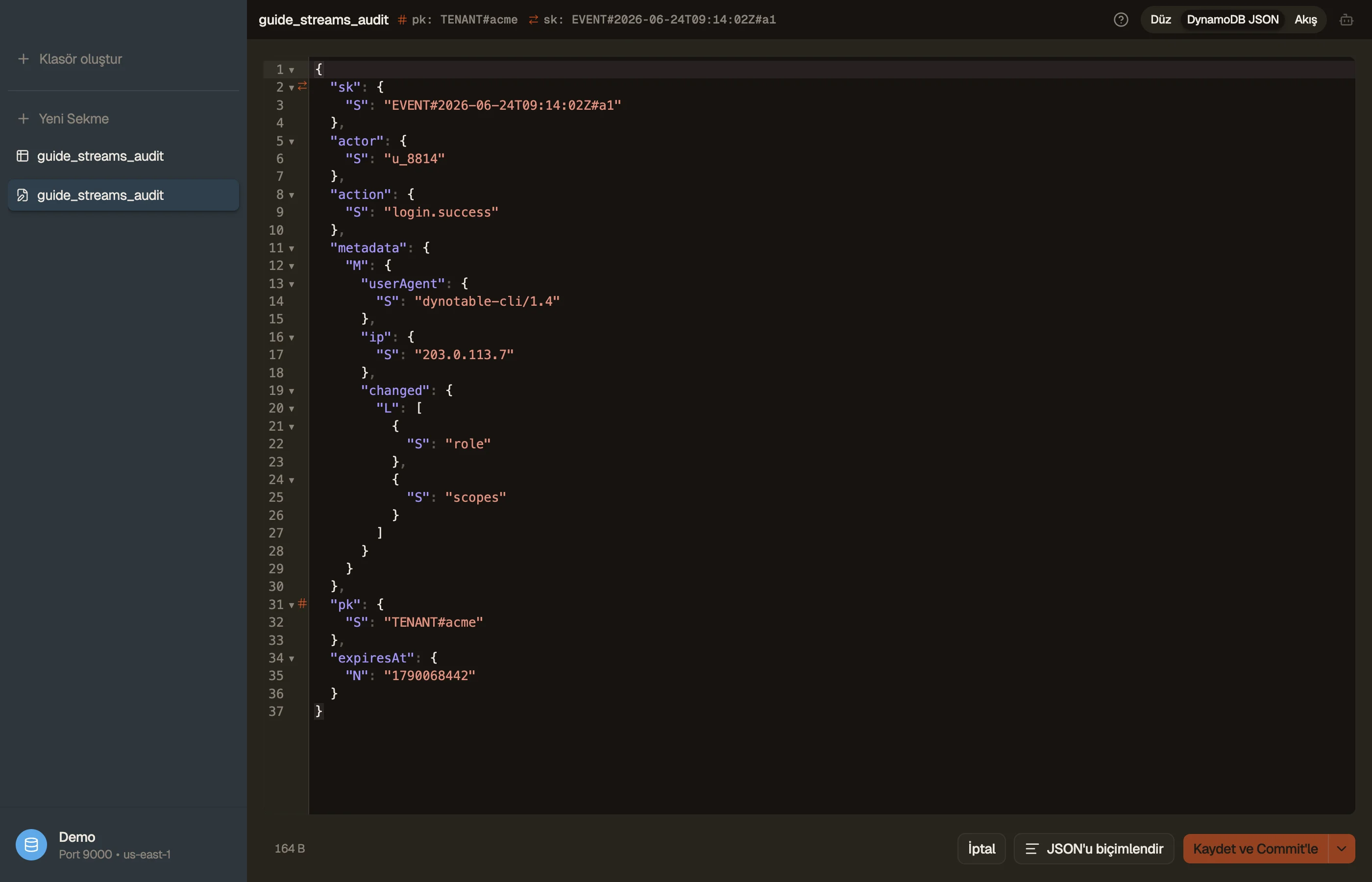 Lambda tüketicisinin alacağı NEW_IMAGE stream kaydını modellemek için DynoTable'da bir denetim olayı öğesini inceleme.