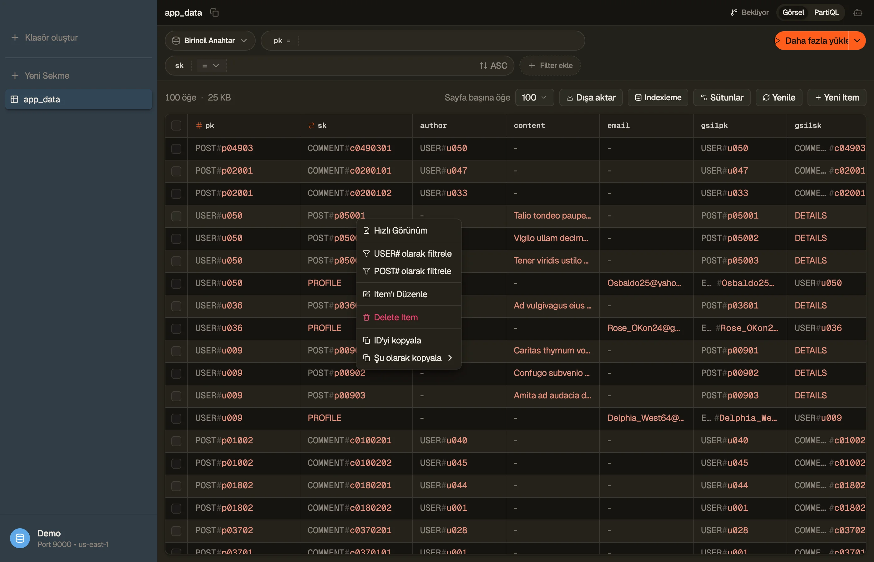 Aşırı yüklenmiş bir tablo üzerindeki sağ tık satır menüsü — etiketli segmentlere çözülmüş anahtarların üzerinde USER# olarak filtrele ve POST# olarak filtrele facet'leri.