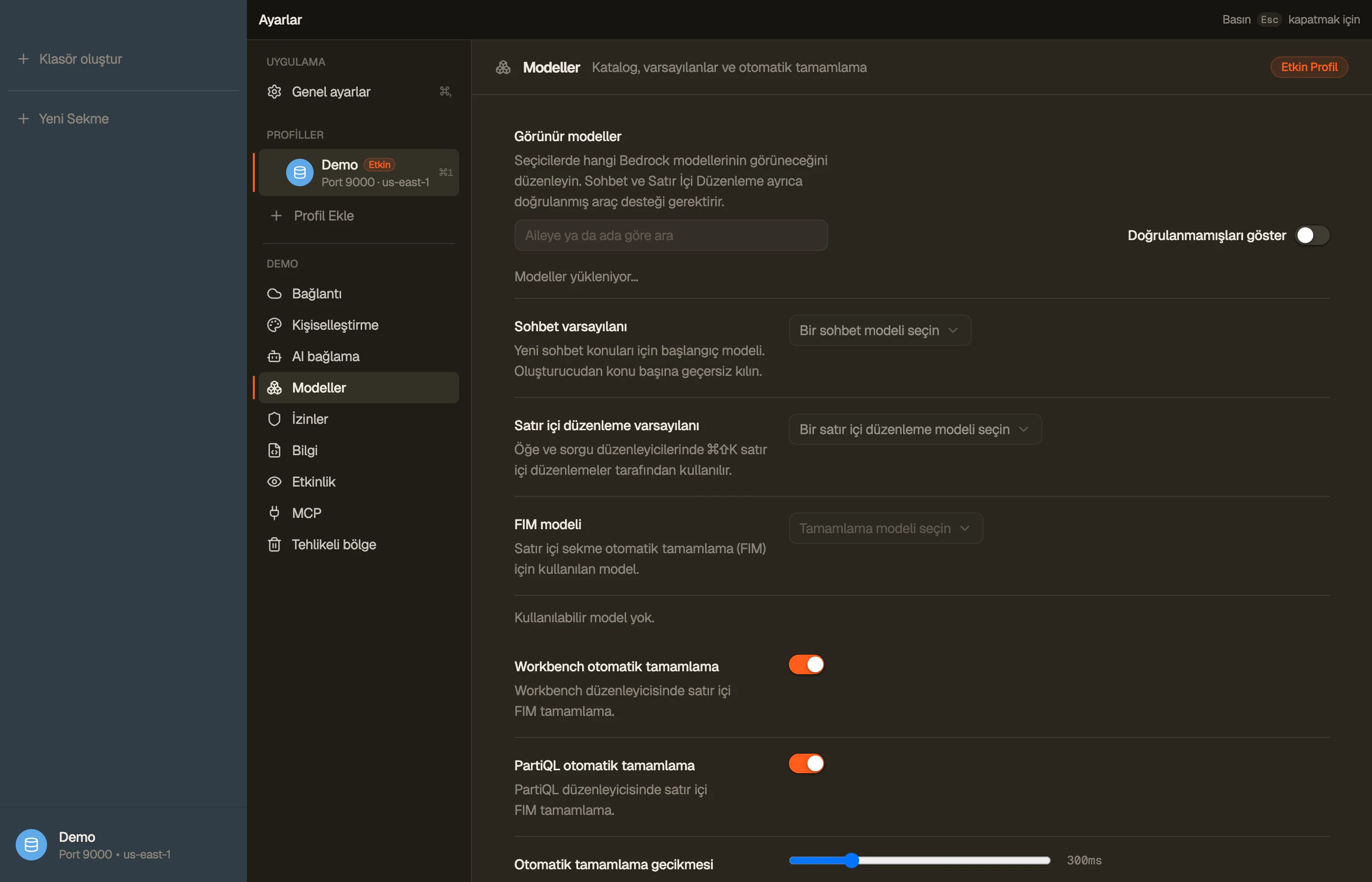 Modeller — katalog, yüzey başına varsayılanların ve hangi modellerin görünür olduğu.