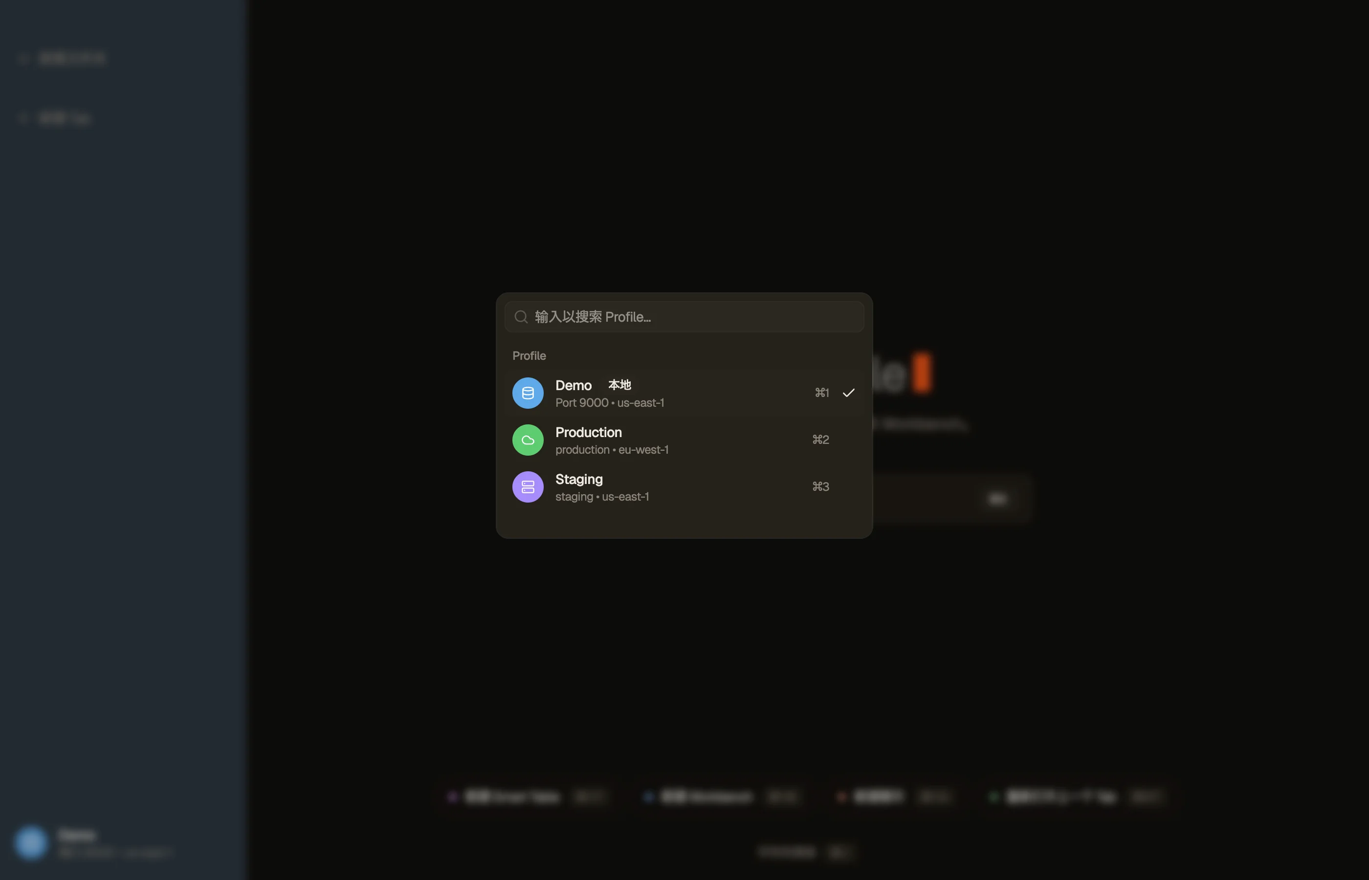⌘P Profile 切换器,列出各个 Profile 及其凭证状态圆点。