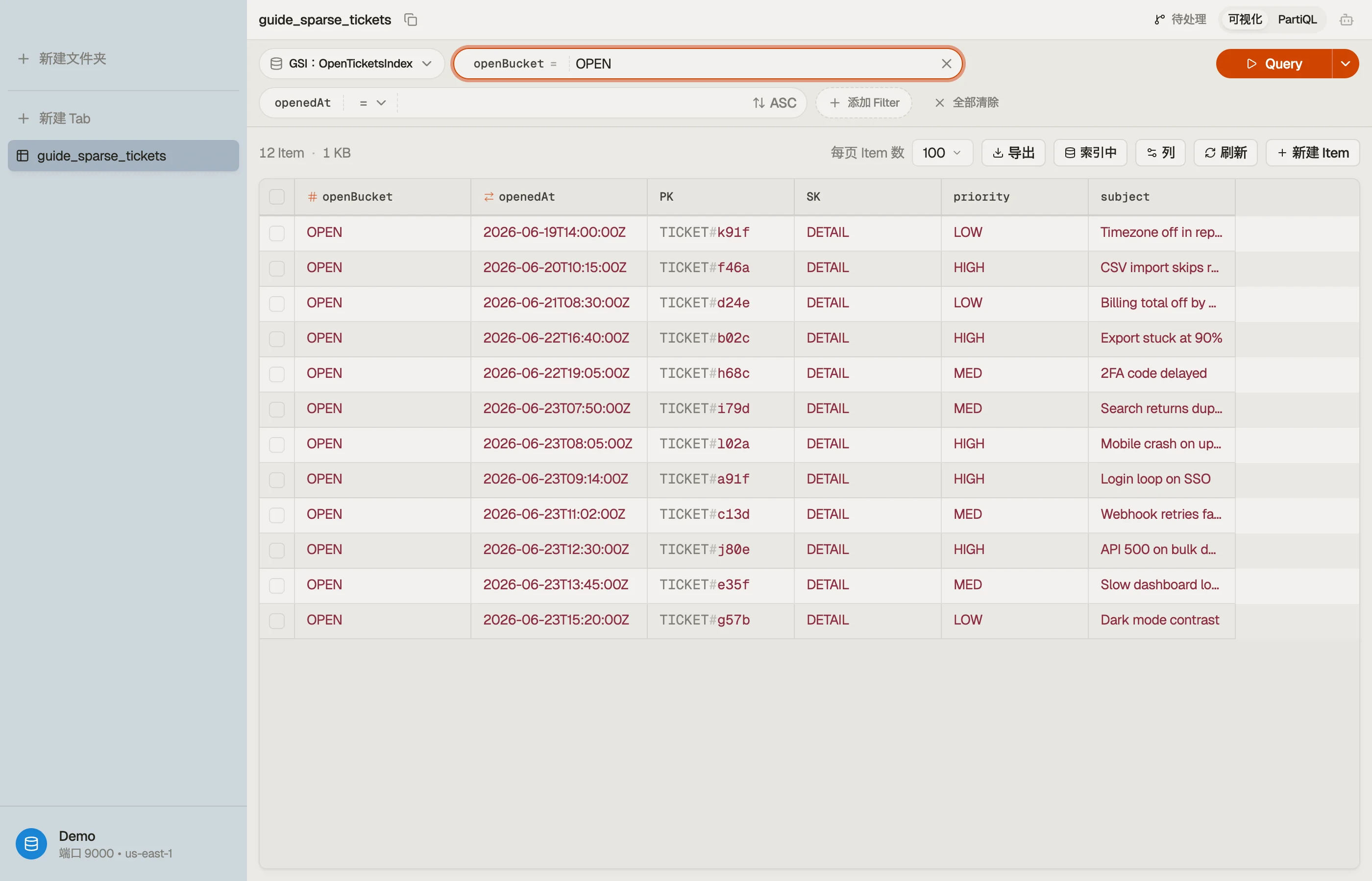 在 DynoTable 中通过支持工单表的未关闭工单稀疏 GSI 查看它，只显示带有 openBucket 键的项。