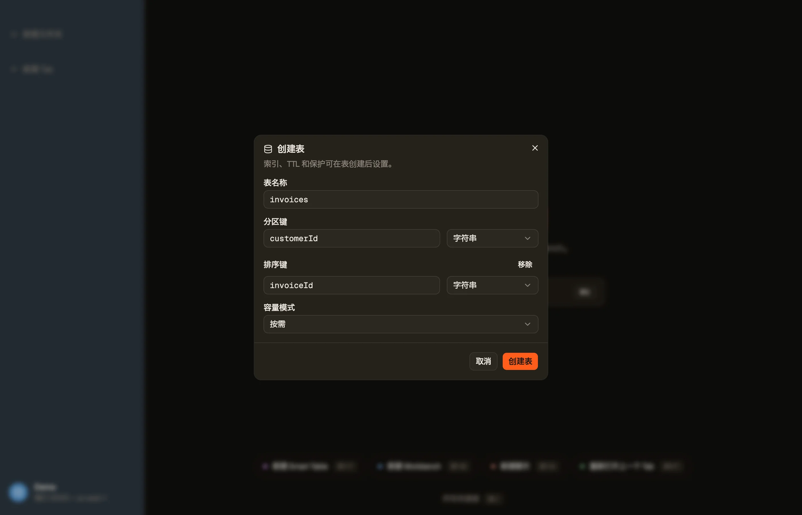 DynoTable 的 Create table 对话框：表名、分区键和排序键及其属性类型，以及按需与预置容量的选择。