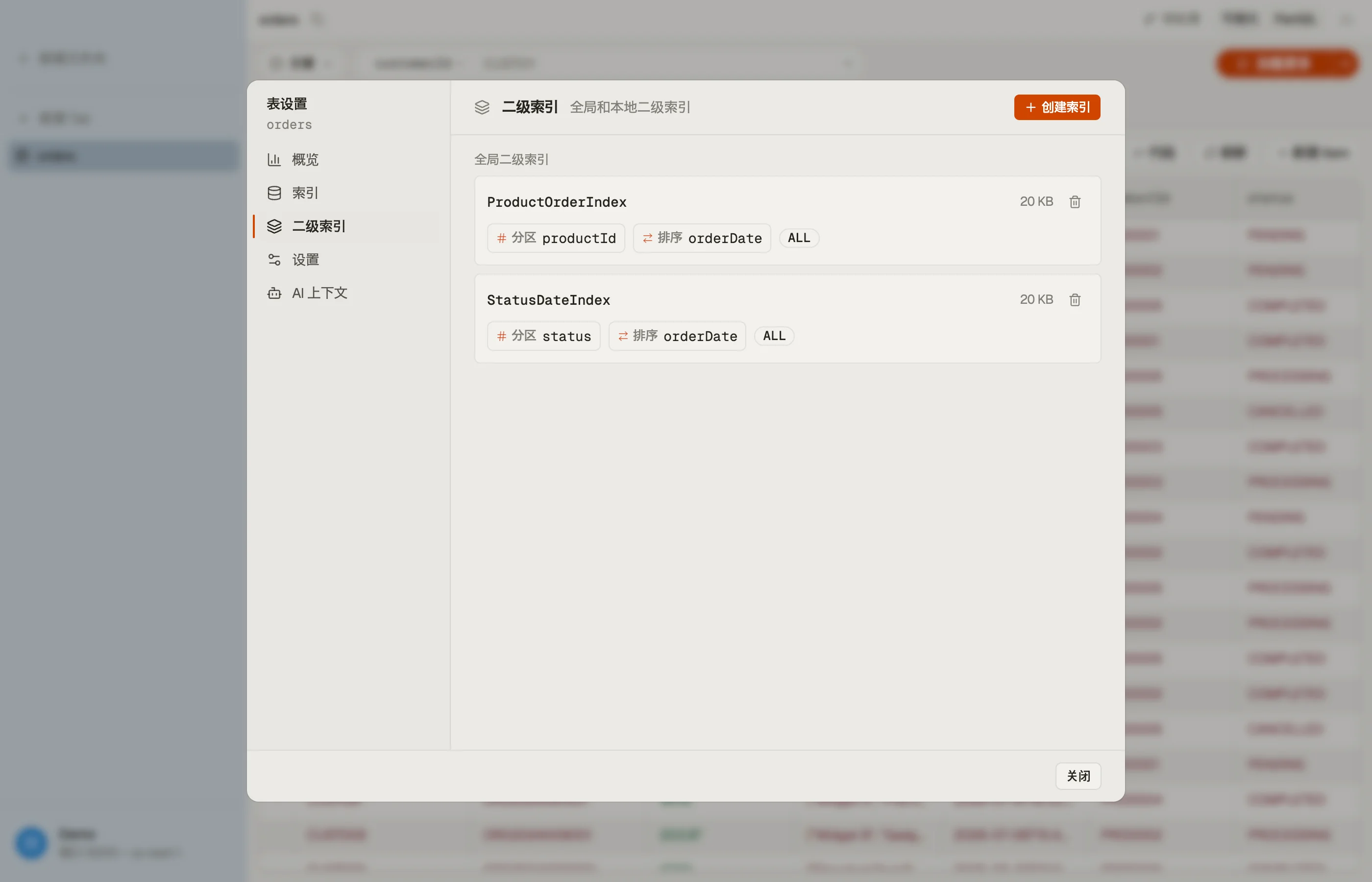 DynoTable Table 对话框中的二级索引区域，列出每一个全局二级索引及其键、投影和大小。