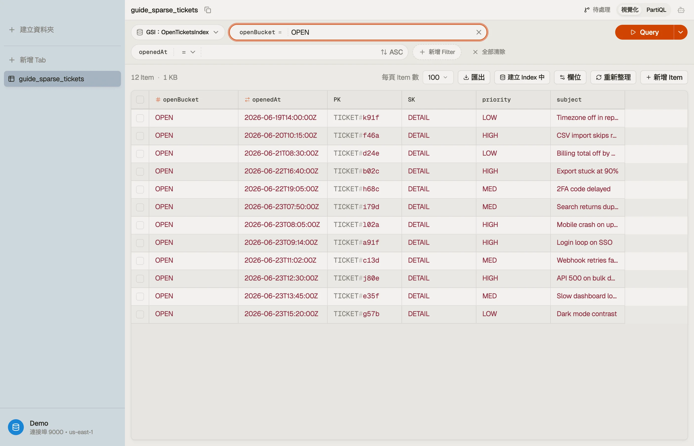 在 DynoTable 中透過支援工單表的 open-tickets 稀疏 GSI 檢視該表,只顯示帶有 openBucket key 的 item。