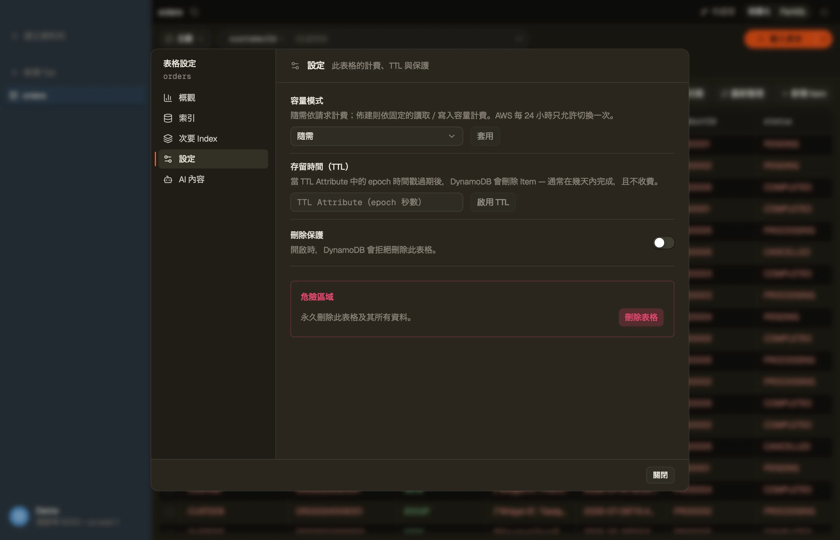 DynoTable 資料表對話方塊中的「設定」區段:容量模式、存留時間 (TTL) 與刪除保護。