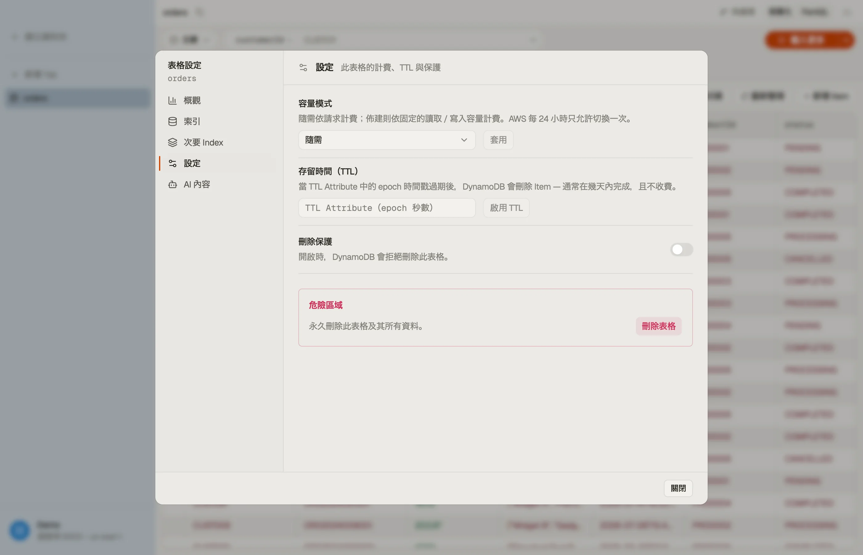 DynoTable 資料表對話方塊中的「設定」區段:容量模式、存留時間 (TTL) 與刪除保護。