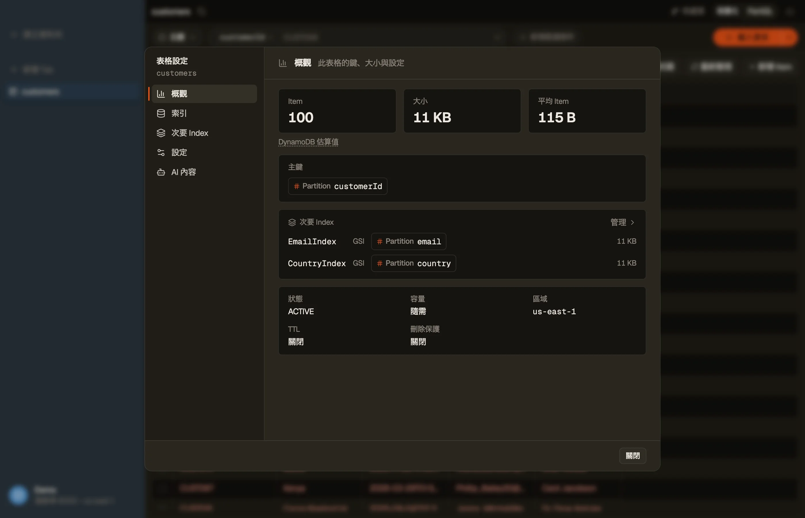 DynoTable 的索引區段:帶型別和必需/可選標記的已索引欄位列表,以及 schema 匯出按鈕。