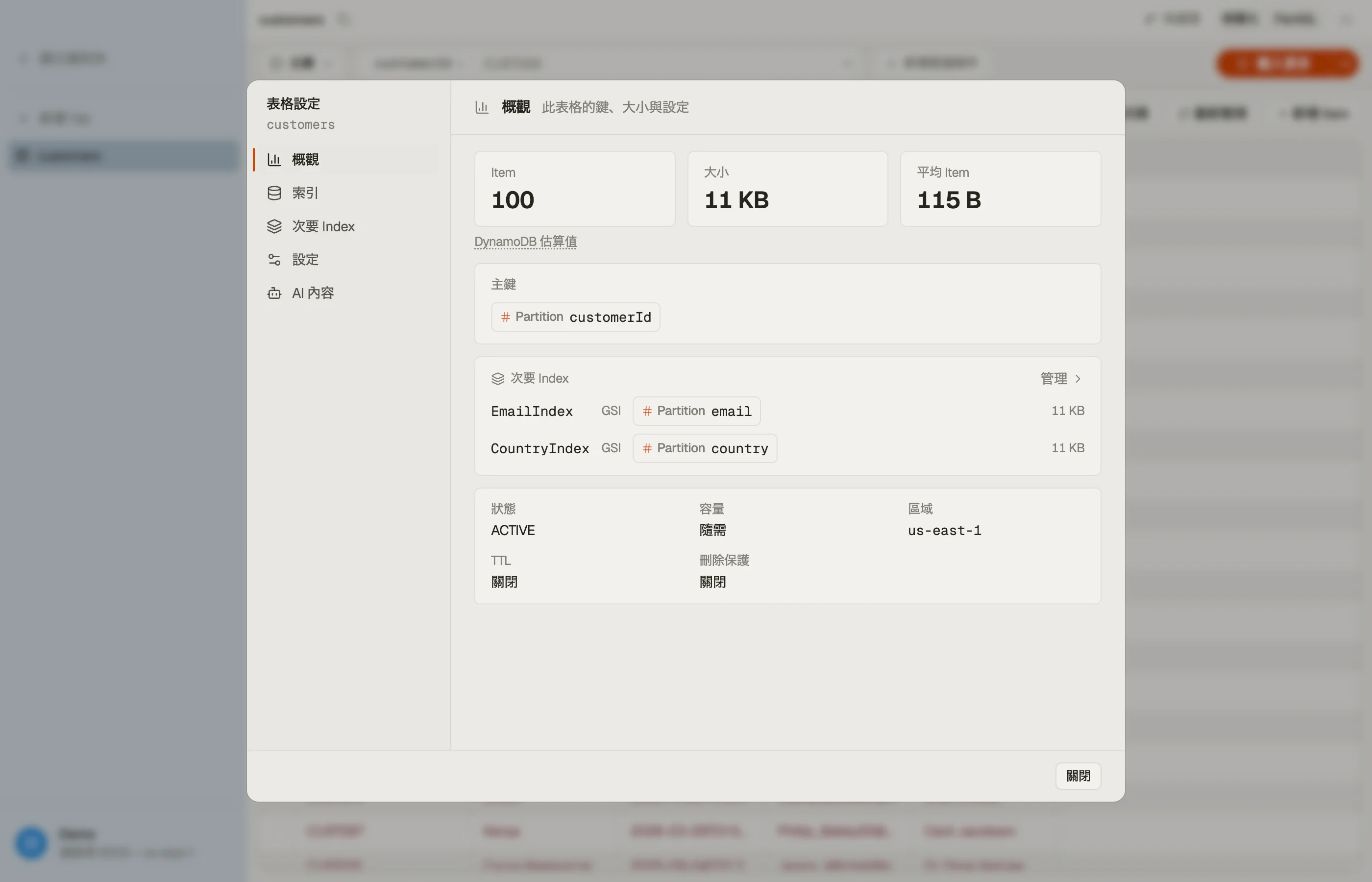DynoTable 的索引區段:帶型別和必需/可選標記的已索引欄位列表,以及 schema 匯出按鈕。