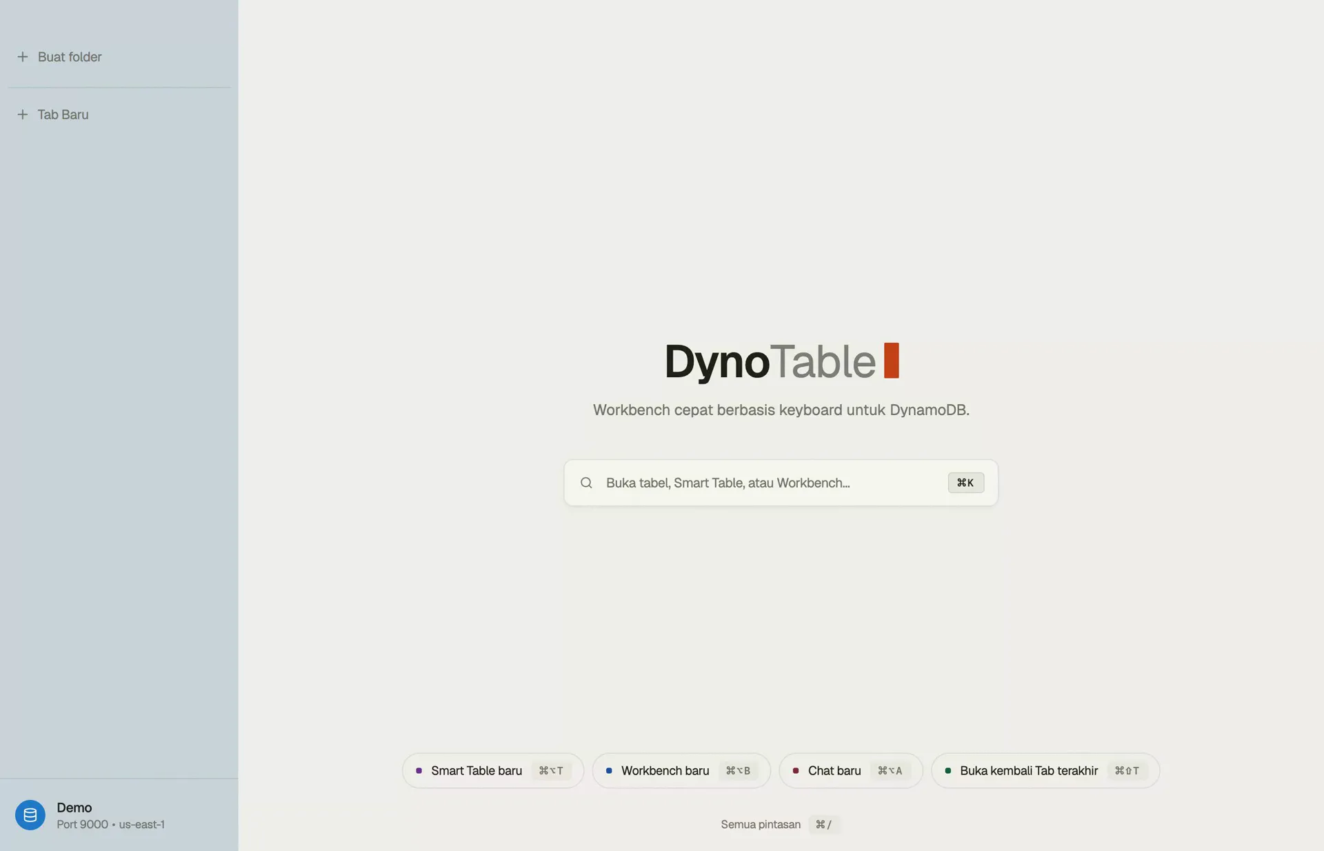 Antarmuka DynamoDB DynoTable di layar awalnya — bilah ⌘K untuk membuka tabel, Smart Table, atau workbench, dengan profil aktif dan region tersemat di bilah sisi.